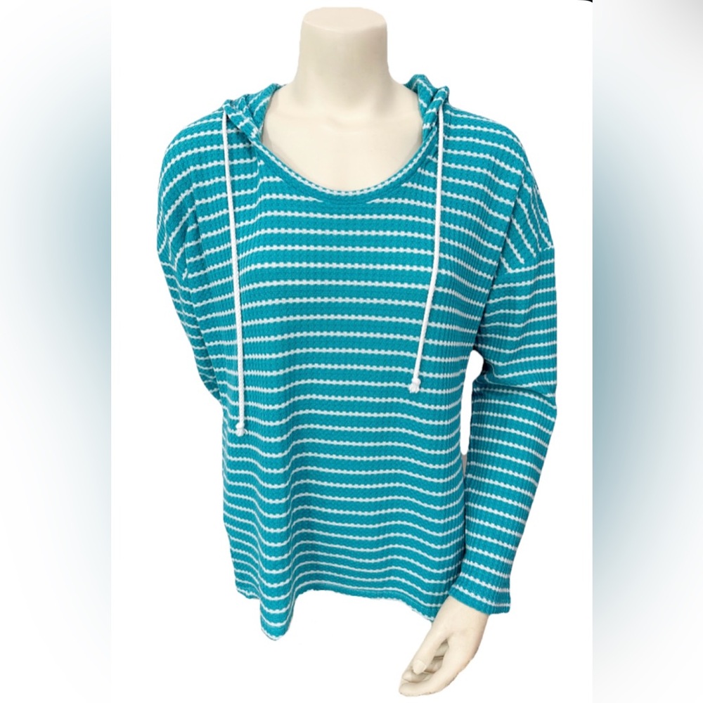Paradise Shores Women’s Teal White Striped Hoodie Pullover Size L Casual Top